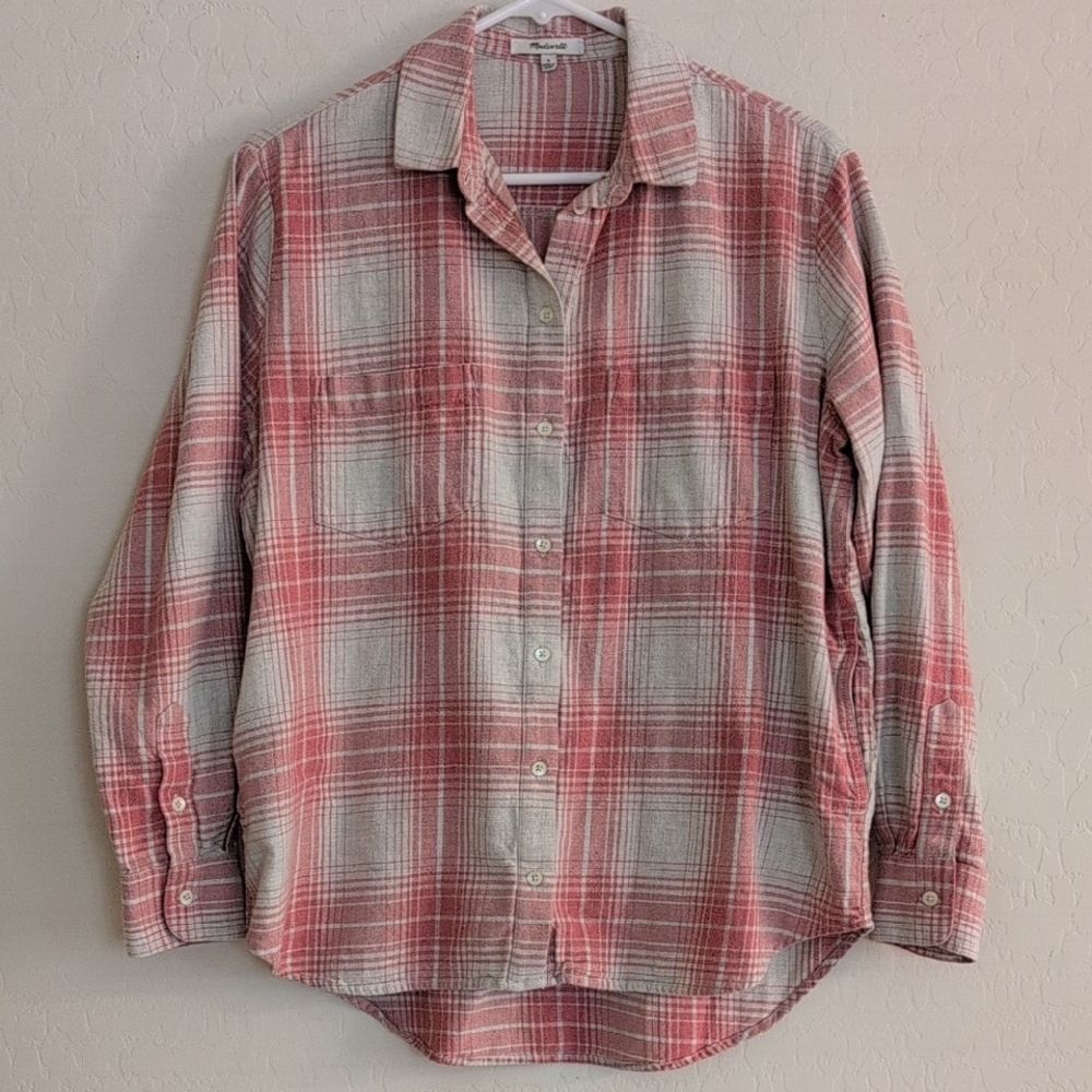 Madewell Plaid Flannel Shirt Shacket Pink White Pockets Long Sleeve - Size S